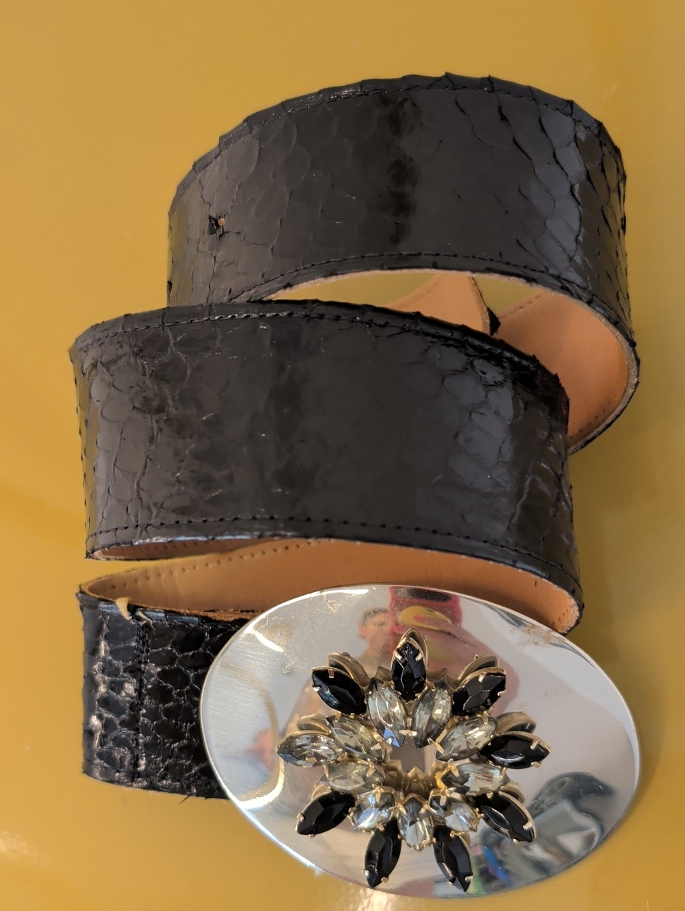 Black Embossed Leather Belt with Crystal Oval Buckle